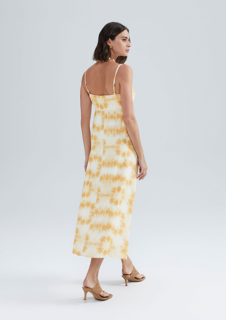 Vestido Amarelo Hering Midi Alças Finas Estampado
