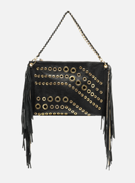 Bolsa Tiracolo Preta Couro Grande Franjas