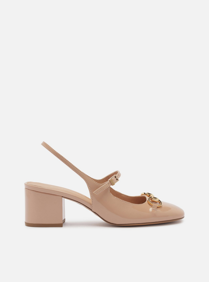 Sapato Boneca Bege Verniz Bloco Slingback Bridão