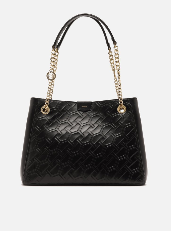 Bolsa Shopping Preta Couro Grande Corrente