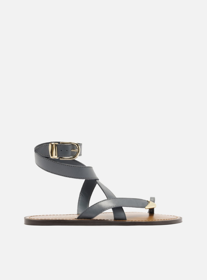 Sandália Rasteira Azul Couro Tiras Ponteira Metal