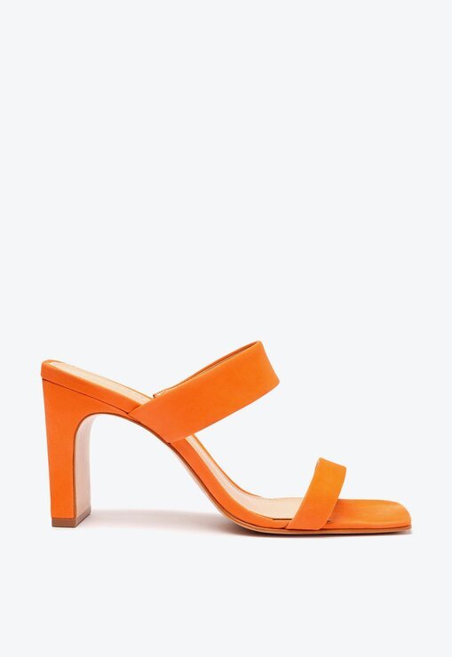 SANDÁLIA MULE LARANJA SCHUTZ SALTO BARRA NOBUCK