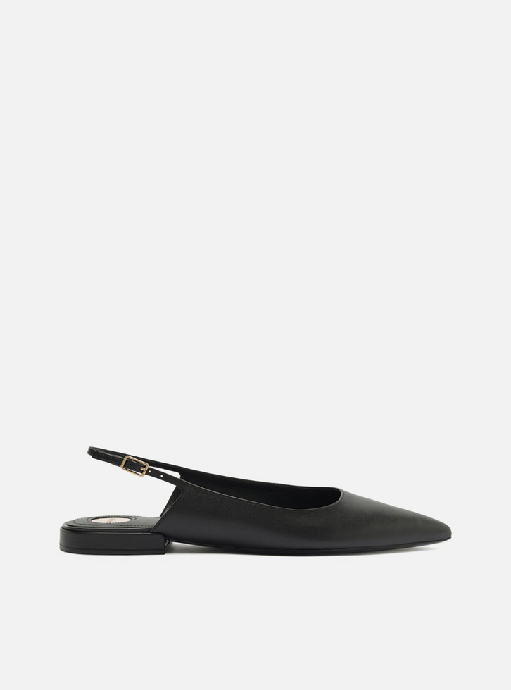 Sapatilha Preta Couro Slingback Bico Fino