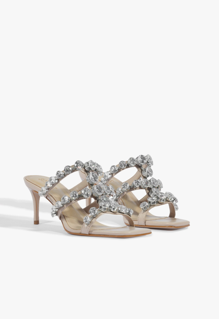 Sandália Mule Salto Médio Glam Bege