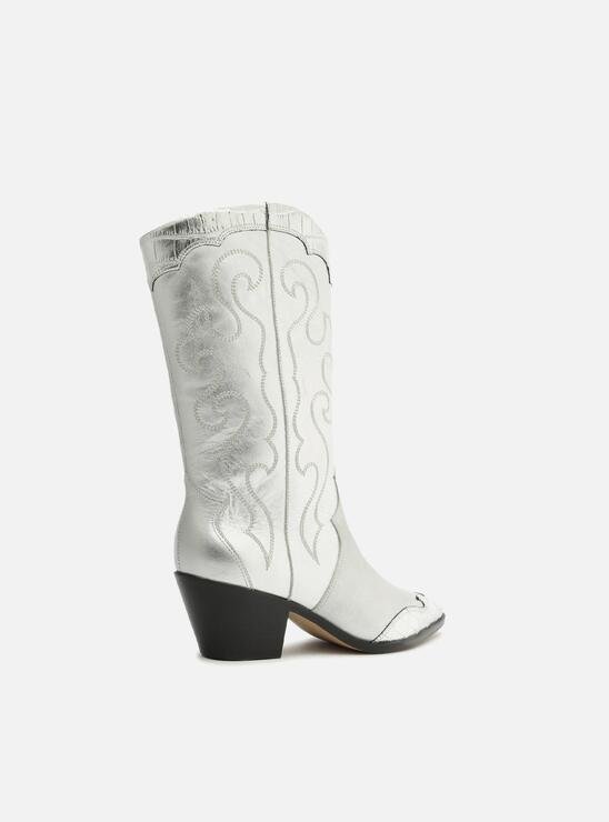Bota Prateada Couro Cano Médio Bordado Western