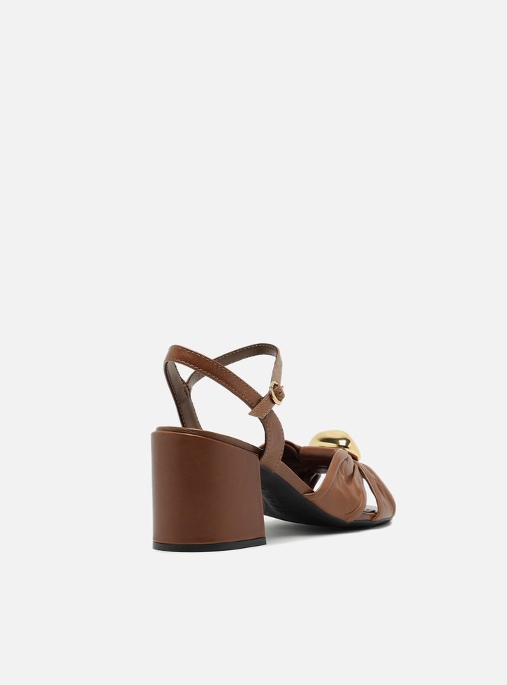 Sandália Marrom Couro Bloco Tiras Soft Metal