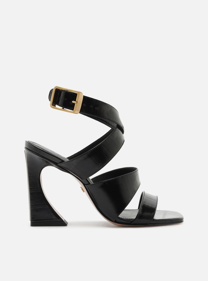 Sandália Preta Couro Salto Alto Geométrico Flare