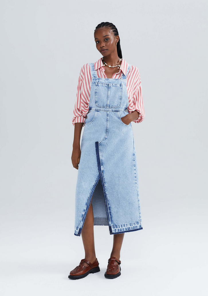 Salopete Jeans Azul Hering Longa Com Fenda