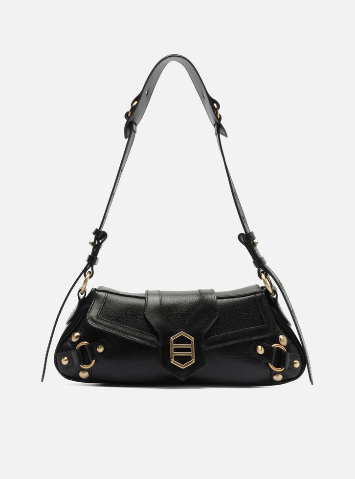 Bolsa Shoulder Preta Couro Grande Alongada Metais