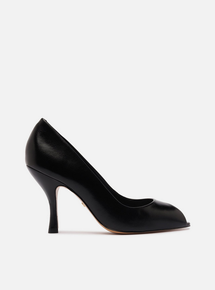 Peep Toe Preto Couro Salto Alto Fino