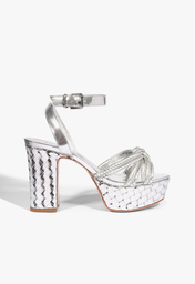 Sandália Prata Schutz Salto Alto Tressê