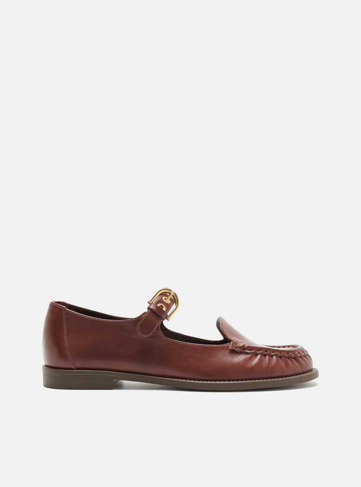 Mocassim Marrom Couro Bico Redondo Fivela