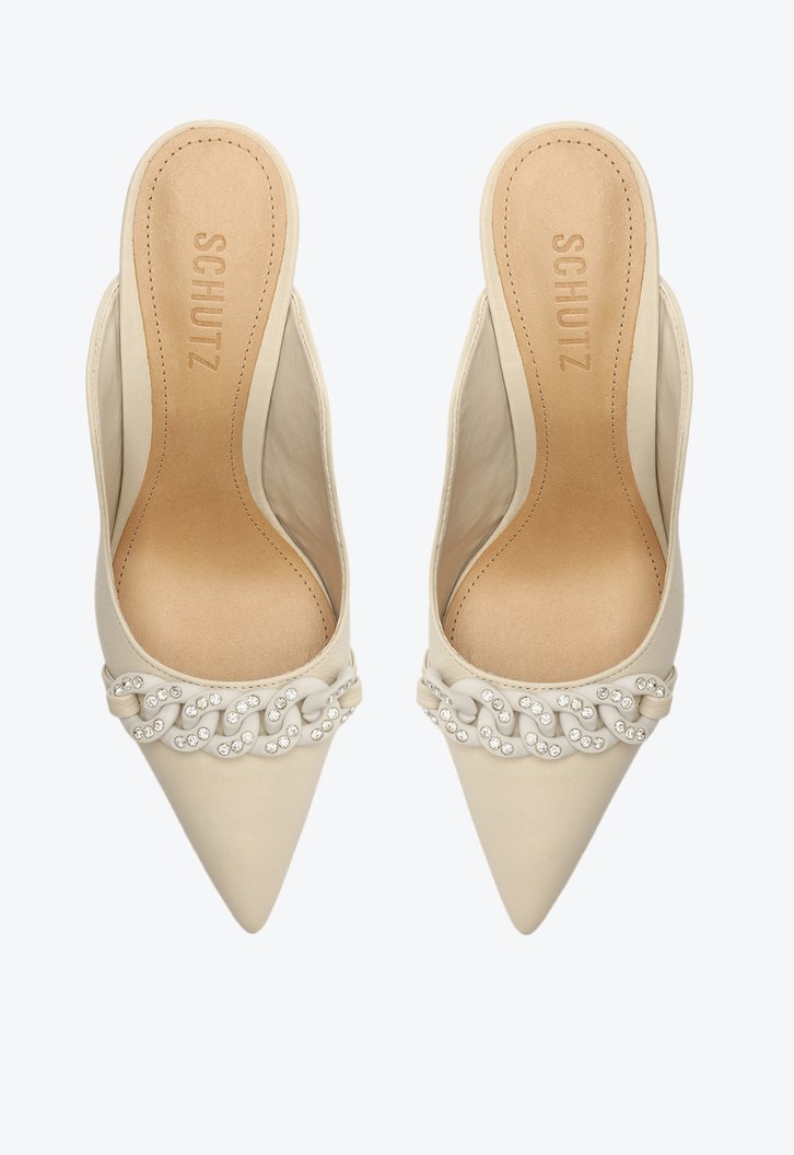 Sapato Mule Scarpin Couro Enfeite Branco
