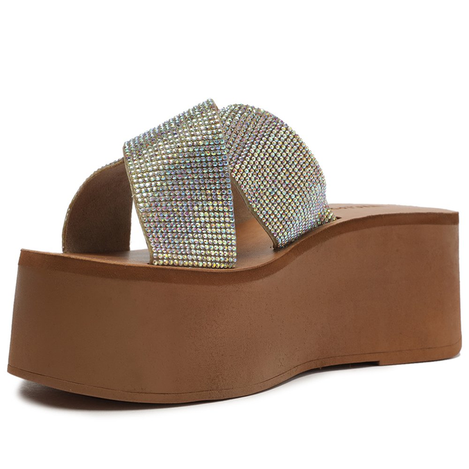 Sandália Flatform Marrom Íris Tiras Cruzadas Brilho Prateado Glam