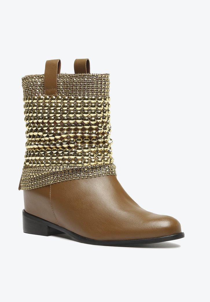 BOTA METALIZADA DOURADA CARAMELO SCHUTZ SALTO MALHA