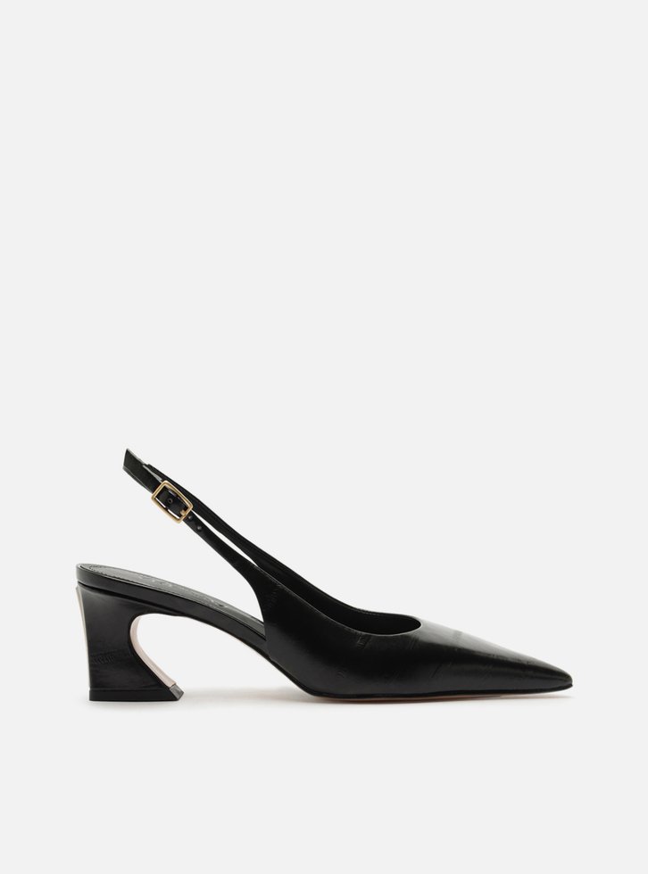 Scarpin Preto Couro Salto Médio Geométrico Slingback