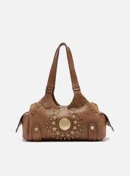 Bolsa Bowling Marrom Arezzo Couro Grande Metais Folk