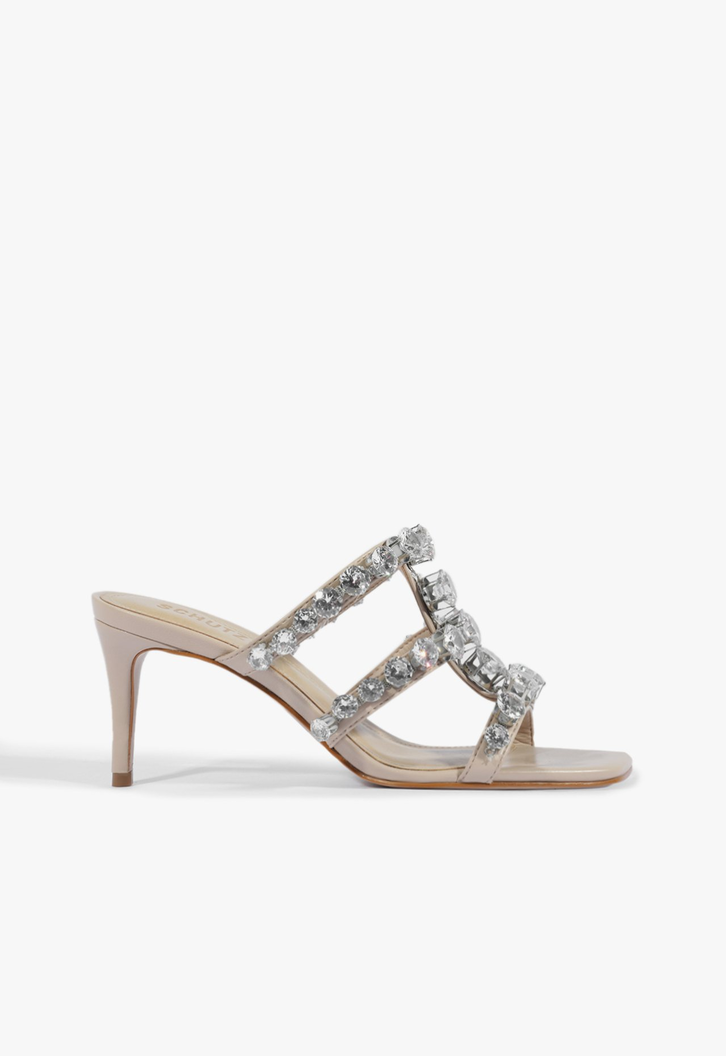 Sandália Mule Salto Médio Glam Bege