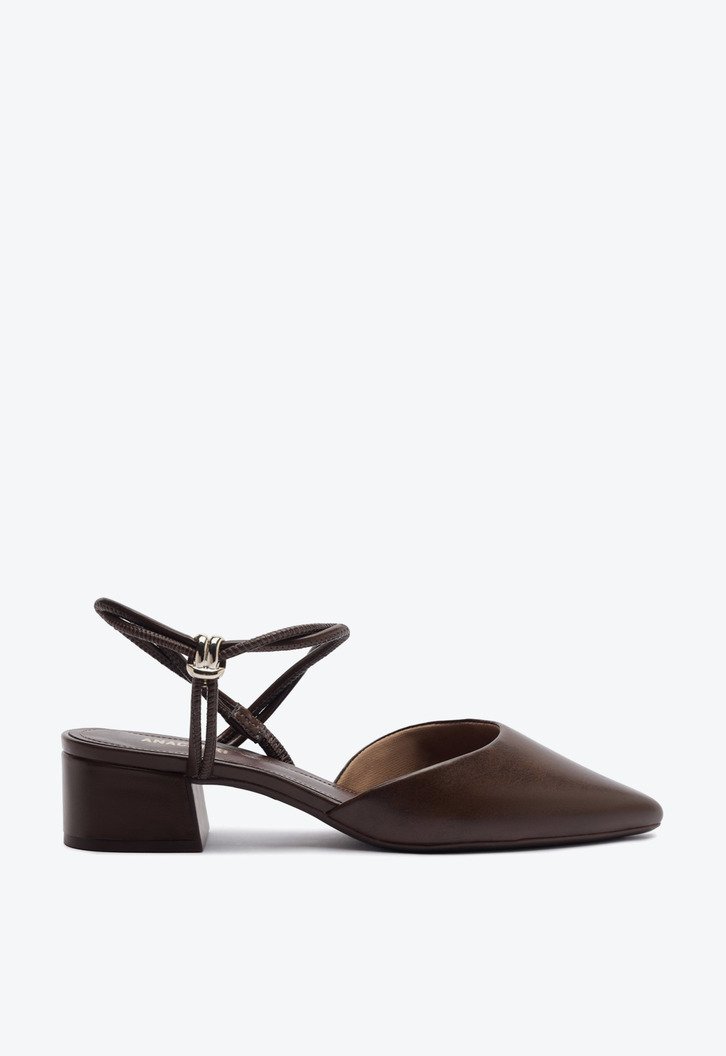 Scarpin Slingback Tiras Finas Detalhe Metal Marrom