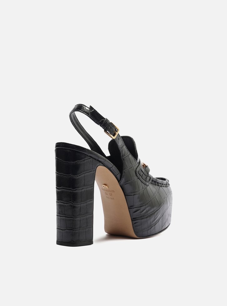 Loafer Preto Croco Salto Bloco Meia Pata