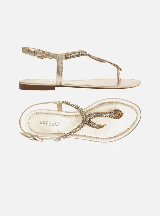 Rasteira Dourada Tiras Slim Pedraria Snake