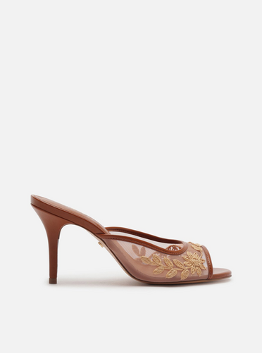 Mule Marrom Salto Fino Tule Bordado