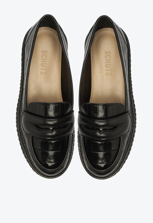 Sapato Mocassim Tratorado Viola Couro Croco Preto