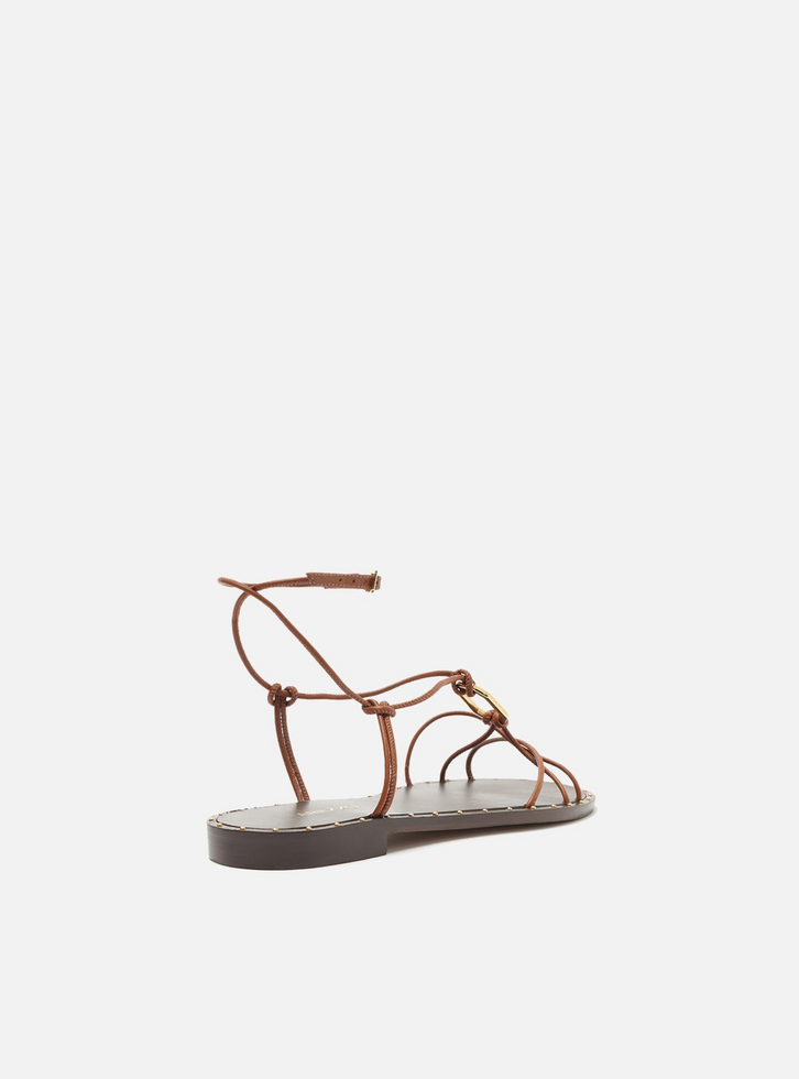 Sandália Rasteira Marrom Tiras Metal