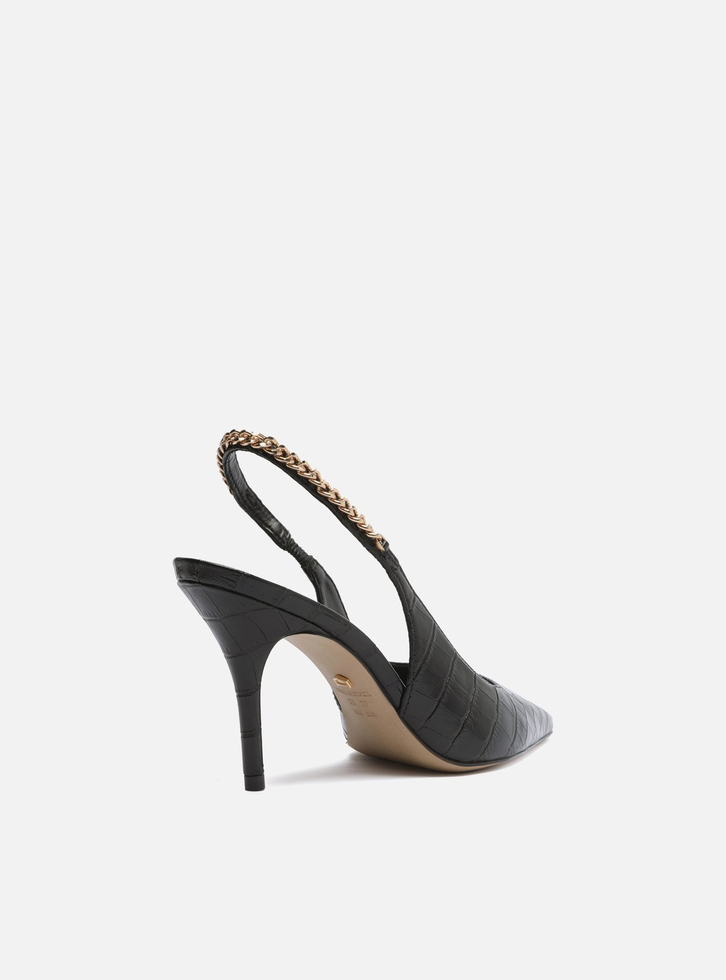 Scarpin Preto Arezzo Croco Bico Fino Slingback Corrente