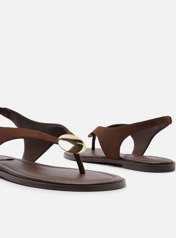 Sandália Rasteira Marrom Acamurçada Tiras Metal