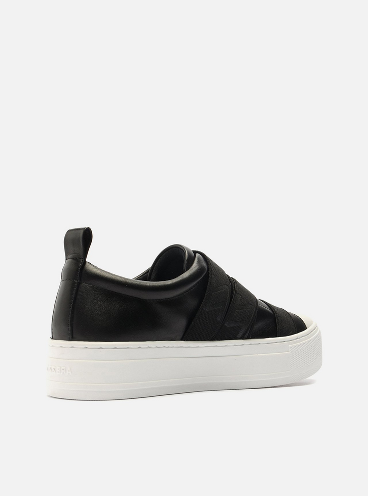 Slip On Preto Couro Flatform Elásticos