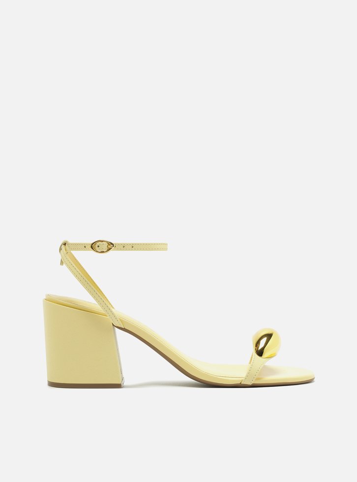 Sandália Amarelo Couro Salto Bloco Metal Silvia Braz