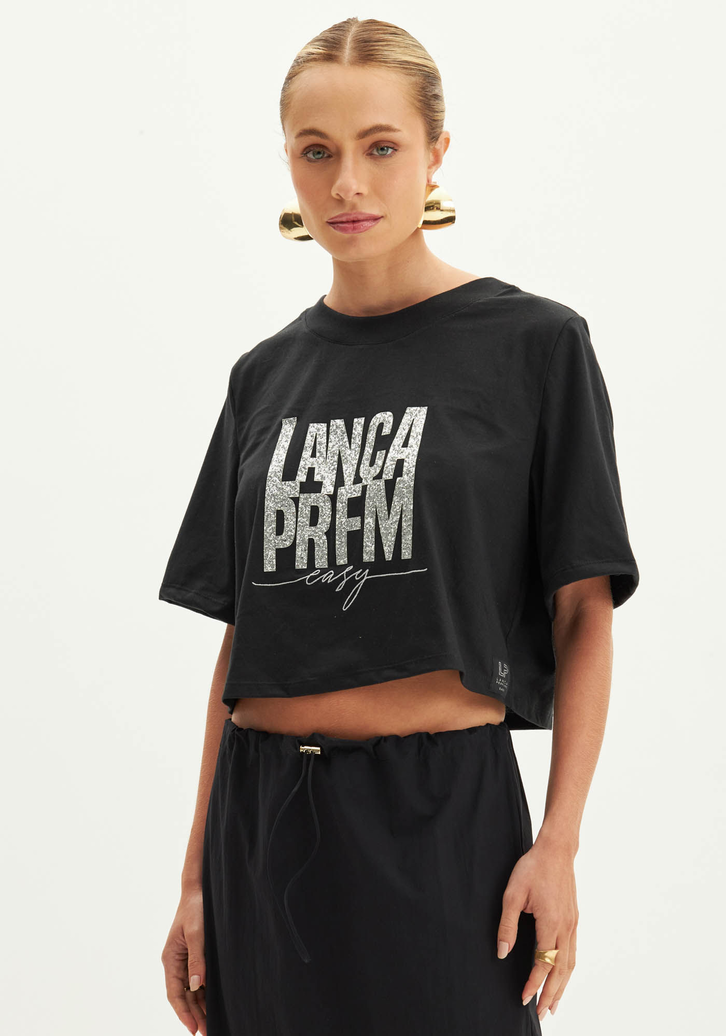 T-shirt Preta Lança Perfume Cropped Oversized