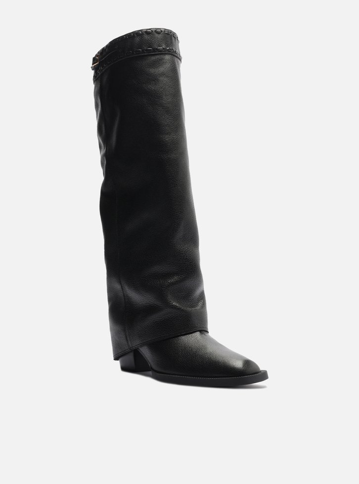 Bota Preta Couro Cano Longo Polaina Folk