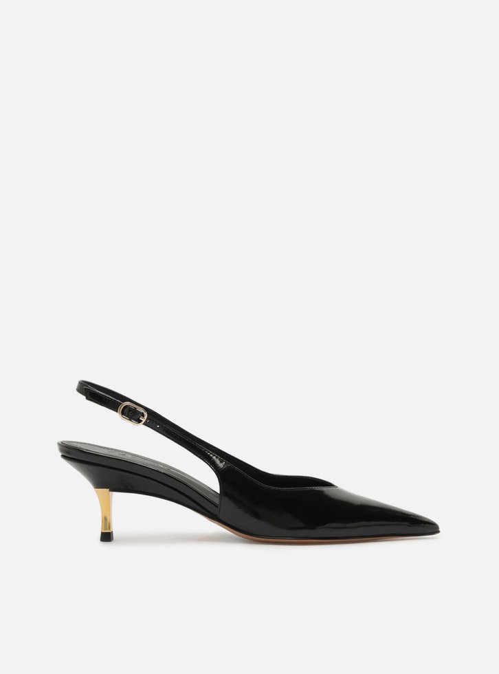 Scarpin Preto Couro Slingback Salto Médio Dourado