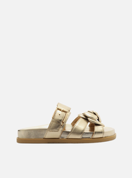 Sandália Rasteira Dourada Arezzo Couro Flor Fivela