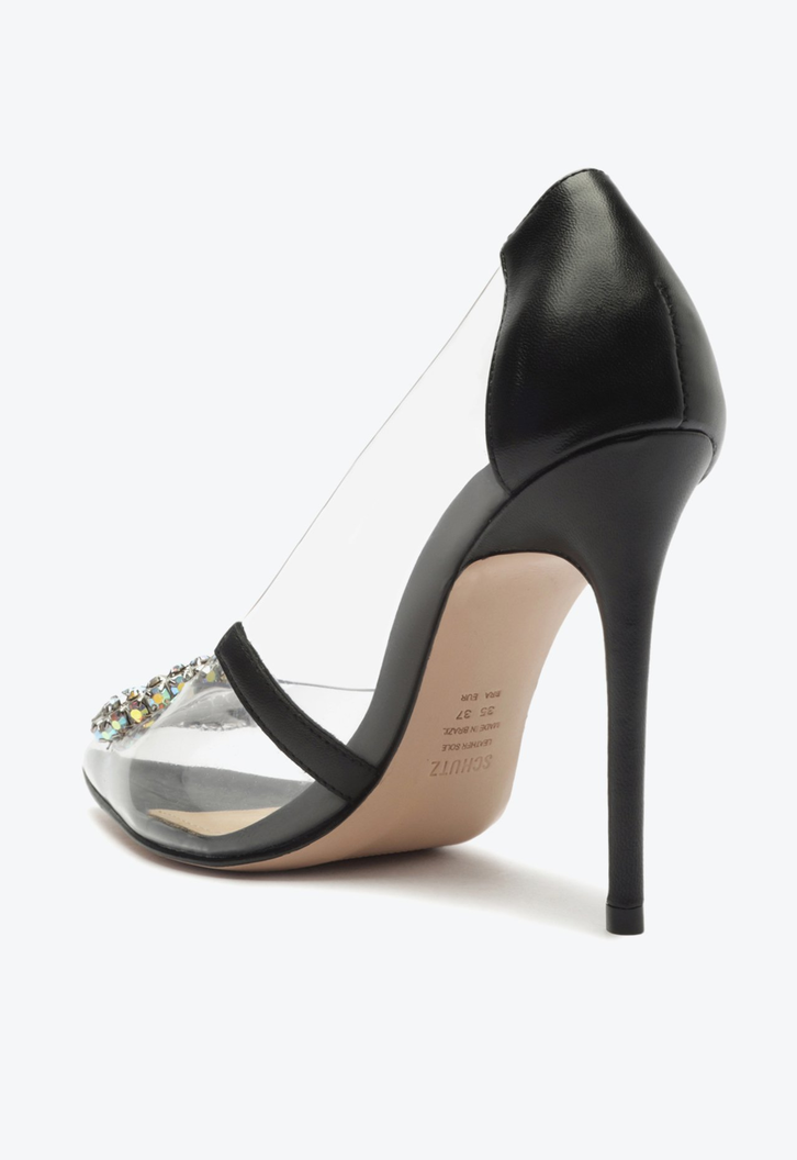 Sapato Scarpin Salto Alto Fino Preto e Transparente