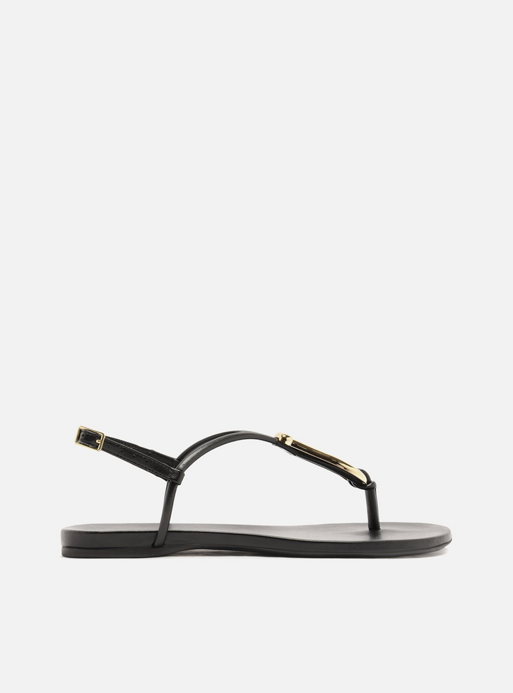 Sandália Rasteira Preta Slim Metal Dourado