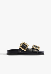 Sandália Papete Fivela Preto e Dourado
