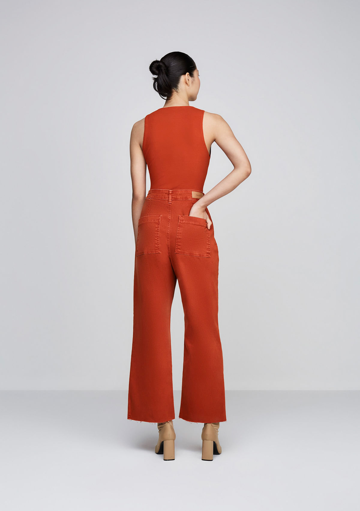 Calça Laranja DZARM Em Sarja Wide Leg Slim Cintura Alta