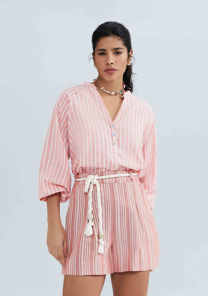 Blusa Vermelha Hering Feminina Listrada Manga 7/8 Com Botões