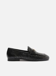 Mocassim Preto Couro Bico Redondo Vazado Metal