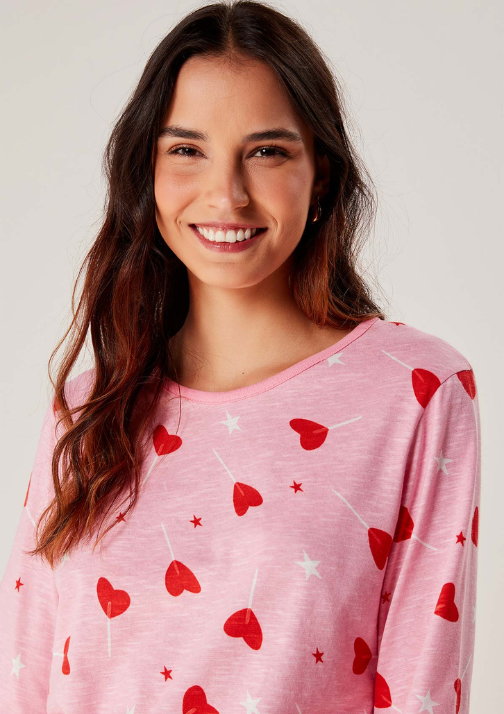 Pijama Rosa Médio Hering Longo Estampado Em Malha Flamê