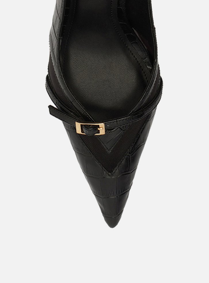Scarpin Preto Croco Salto Alto Slingback Tela