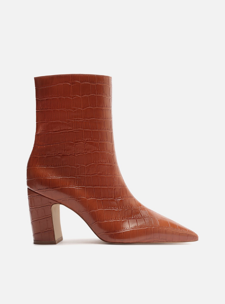 Bota Marrom Croco Cano Médio Bico Fino Zíper