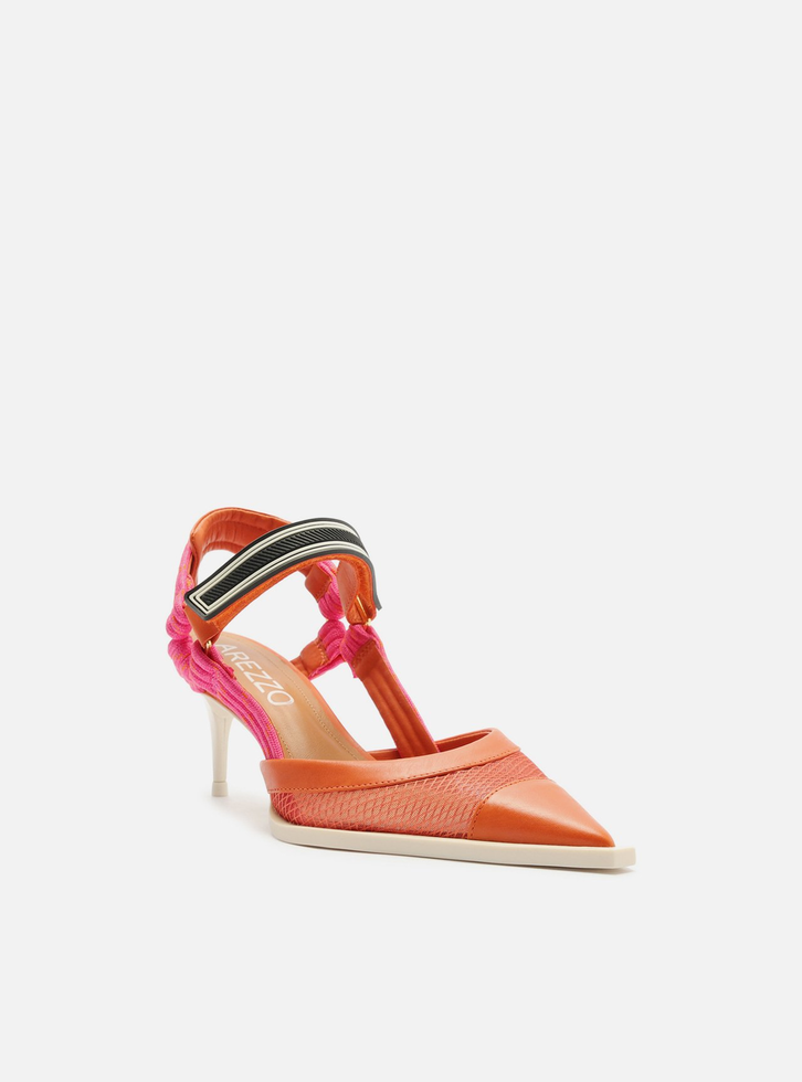 Scarpin Laranja Tela Salto Baixo Slingback Cordão