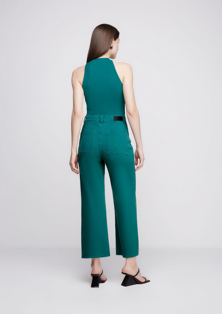 Calça Verde DZARM Em Sarja Wide Leg Slim Cintura Alta
