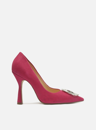 Scarpin Rosa Arezzo Nobuck Bico Fino Pedraria