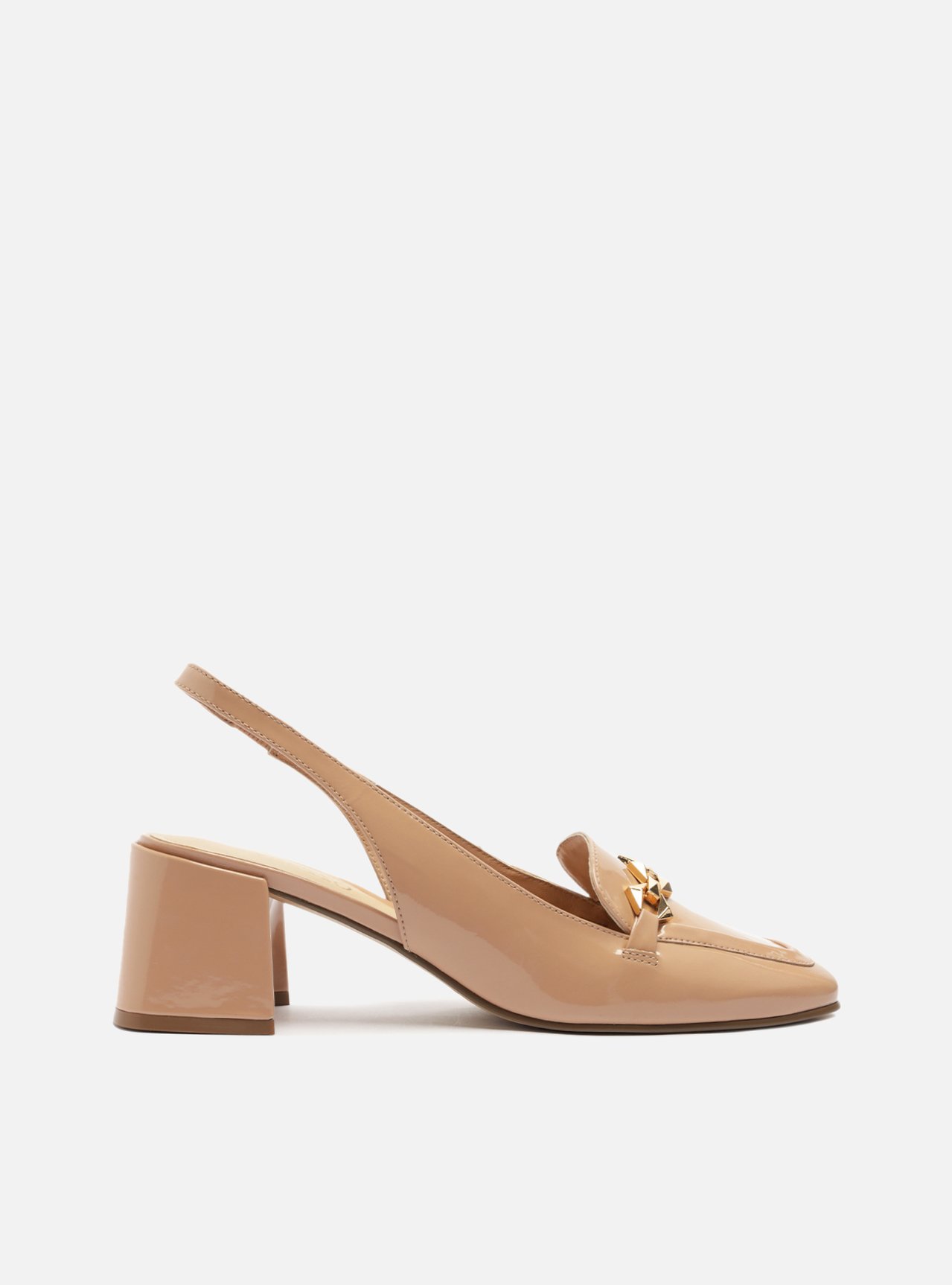 knoll1脚 Loafer Nude Verniz Salto Bloco Metal Triângulo | ZZ MALL