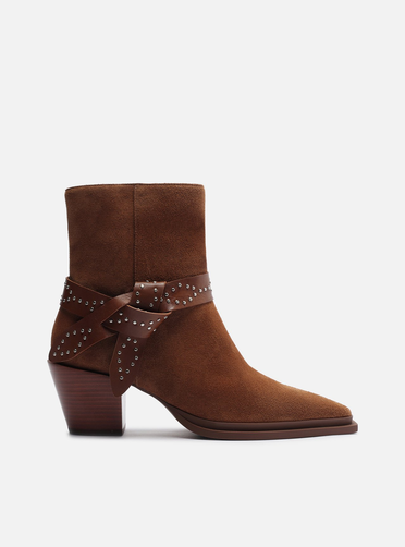 Bota Marrom Suede Salto Bloco Laço Rebites